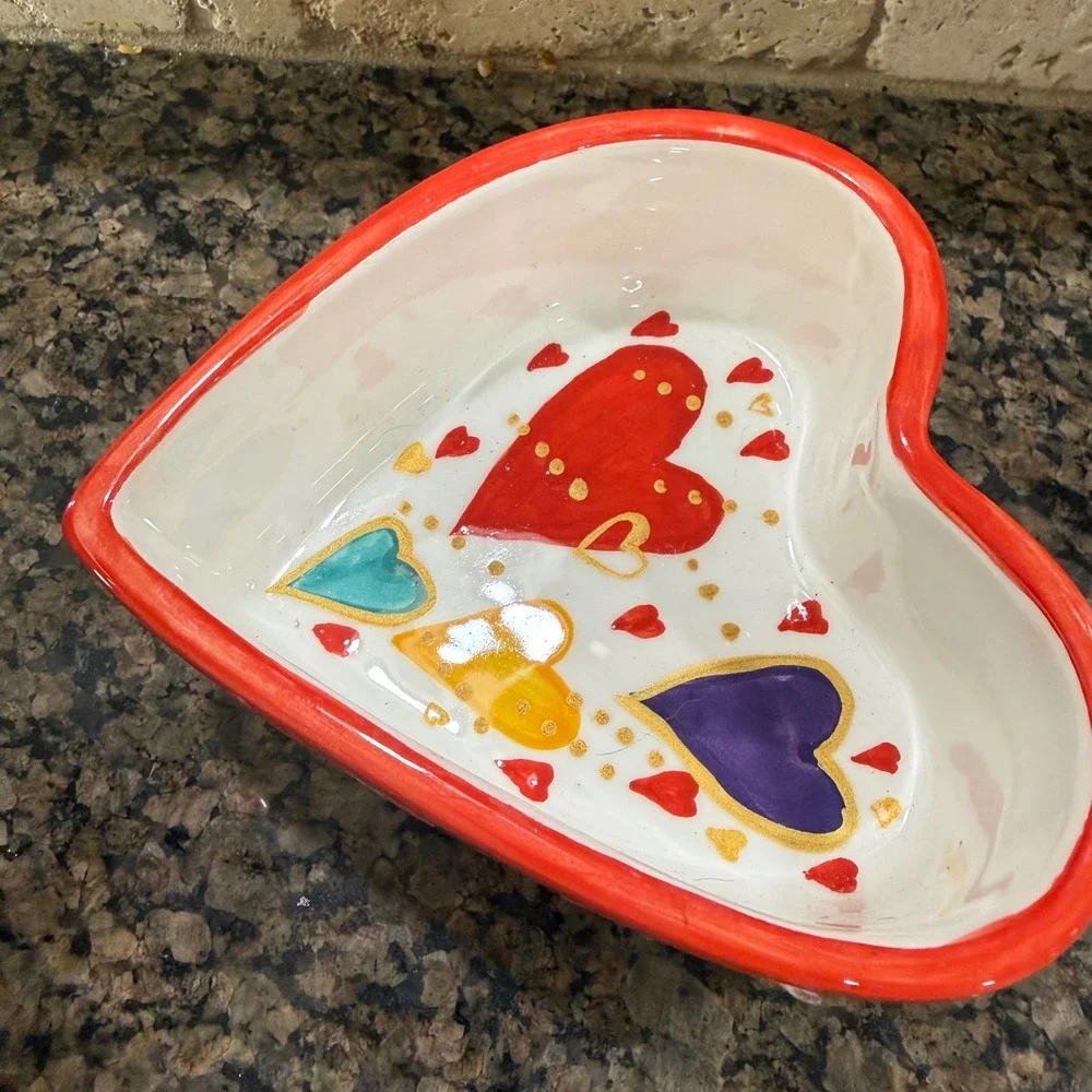 Hand Painted Ceramic Heart Trinket Box Red Purple Butterfly Footed Jewelry Dish